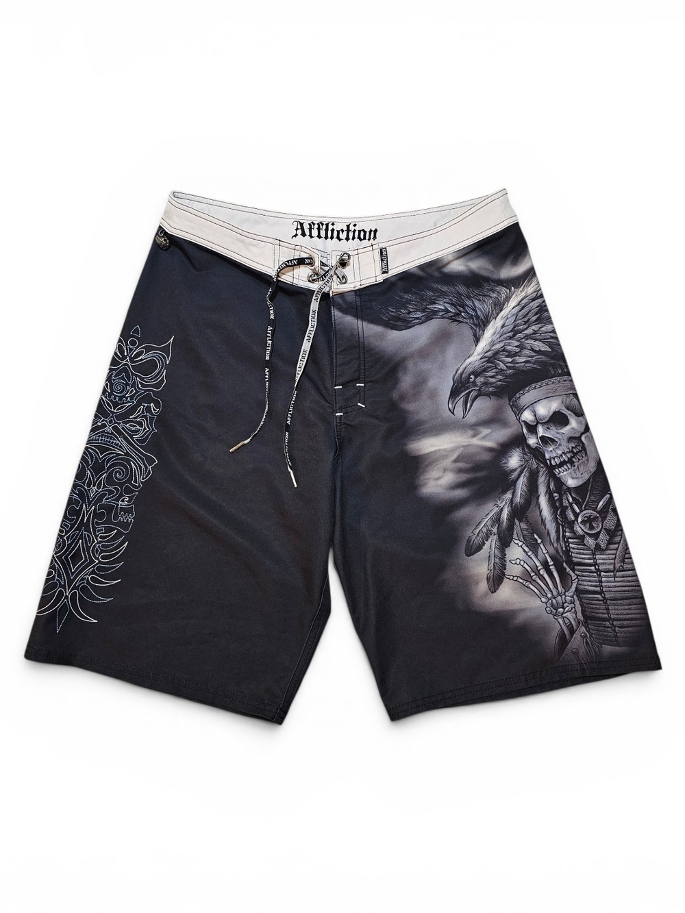 Vintage Y2k Affliction Men's Black Graphic Swim Trunks